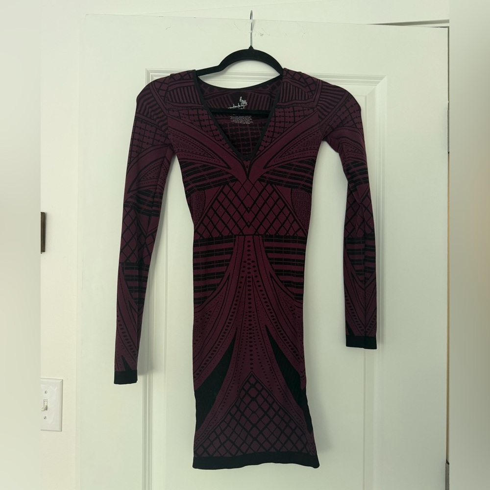 Free People Extremely Flattering Long-Sleeve Patterned Bodycon Dress - Burgundy